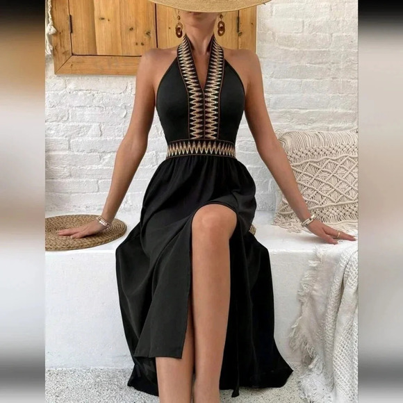 Backless Halter Neck Woven Strap Spliced Dress - Picture 2 of 4